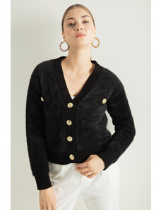 Lafaba Dámský černý vousatý zlatý knoflíkový pletený svetr