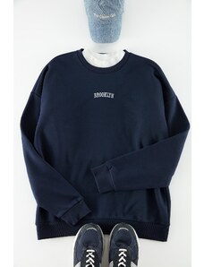Trendyol Navy Blue Oversize/Wide Cut Brooklyn City Text Embroidered Thick Cotton Sweatshirt