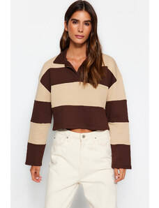 Trendyol Brown Color Block Polo Neck Relaxed Cut Crop Thick Knitted Sweatshirt