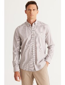 AC&Co / Altınyıldız Classics Men's Coffee-White Slim Fit Slim Fit Button-down Collar Cotton Striped Shirt