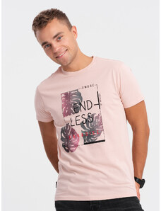 Ombre Clothing Pánské bavlněné tričko s potiskem - světle růžové V2 S1741