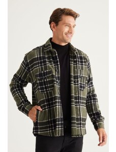 AC&Co / Altınyıldız Classics Men's Khaki-black Oversize Wide Cut Buttoned Collar Checkered Winter Shirt Jacket