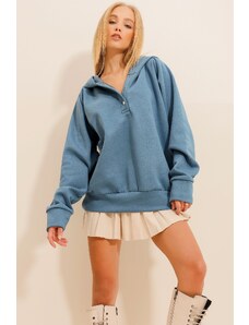 Trend Alaçatı Stili Women's Blue Hooded Snap Closure 3 Thread Inner Raising Oversize Sweatshirt
