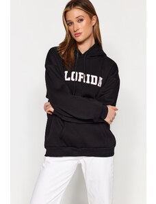 Trendyol Black Fleece City Printed Oversize/Wide Fit Hooded Knitted Sweatshirt