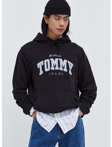 Bavlněná mikina Tommy Jeans pánská, černá barva, s kapucí, s aplikací