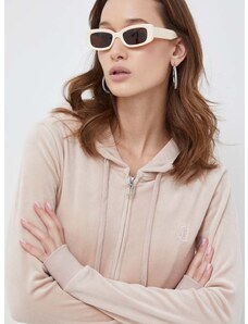 Velurová mikina Juicy Couture béžová barva, s kapucí, s aplikací