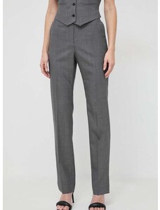 Vlněné kalhoty BOSS šedá barva, střih chinos, high waist, 50506958