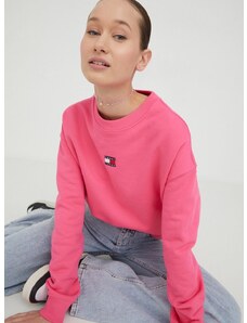 Bavlněná mikina Tommy Jeans dámská, růžová barva, s aplikací