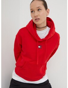 Bavlněná mikina Tommy Jeans dámská, červená barva, s kapucí, s aplikací