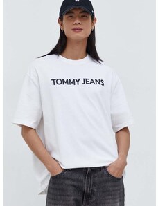 Bavlněné tričko Tommy Jeans bílá barva, s potiskem, DM0DM18267