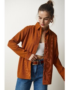 Happiness İstanbul Women's Tan Corduroy Velvet Woven Jacket Shirt