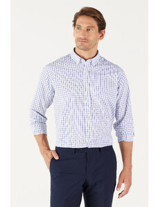 AC&Co / Altınyıldız Classics Men's White-Navy Blue Comfort Fit Comfy Cut Buttoned Collar Cotton Check Shirt.