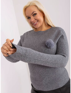 Fashionhunters Tmavě šedý dámský svetr plus size velikosti s bambulí