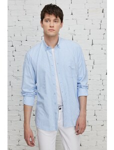 ALTINYILDIZ CLASSICS Men's White-blue Comfort Fit Comfy Cut Buttoned Collar Cotton Dobby Shirt.