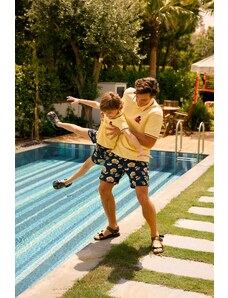 AC&Co / Altınyıldız Classics Boys' Navy Blue-Yellow Standard Fit Regular Fit, Quick Drying Patterned Kids' Swimwear Beach Shorts.