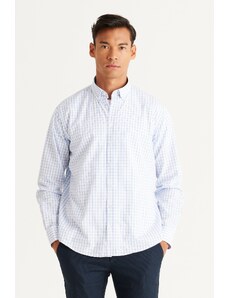 AC&Co / Altınyıldız Classics Men's White-Blue Comfort Fit Comfy Cut Buttoned Collar Cotton Check Shirt.