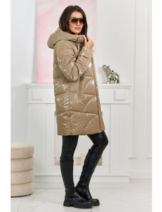K-Fashion Lesklá prošívaná bunda s velkými zipy béžový