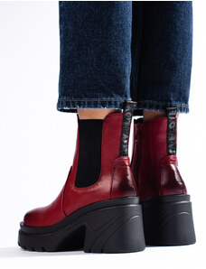 DASZYŃSKI Designové červené dámské kotníčkové boty na plochém podpatku