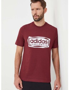 Bavlněné tričko adidas vínová barva, s potiskem, IM8303