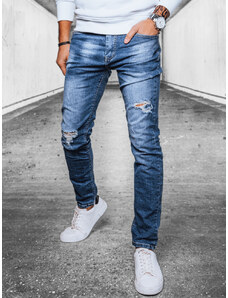 BASIC Modré děrované džínové kalhoty Denim vzor