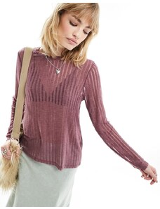 ONLY sheer stripe long sleeve top in dusky pink-Red