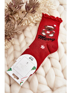 Kesi Dámské lesklé vánoční ponožky s červeným medvídkem