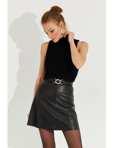 Cool & Sexy Women's Black Buckle Faux Leather Mini Skirt