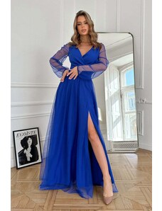 Bicotone Modré tylové šaty s vysokým rozparkem Jasmine