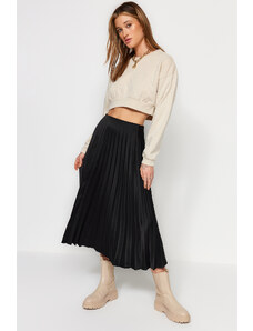 Trendyol Black Pleated Satin Midi Woven Skirt