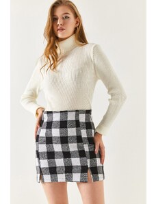 armonika Women's Checker Pattern Stitched Slit Mini Skirt