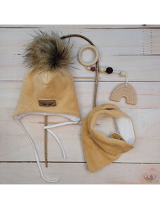 Zimní dvouvrstvá čepice na zavazování s bambulí z kožešinky + šátek Z&Z, béžová