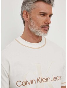 Bavlněné tričko Calvin Klein Jeans béžová barva, s aplikací, J30J324673