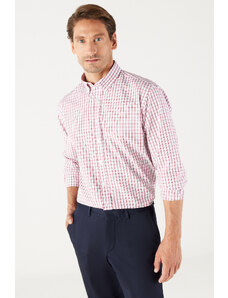 AC&Co / Altınyıldız Classics Men's White-Claret Red Comfort Fit Comfy Cut Buttoned Collar Cotton Check Shirt.