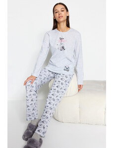 Trendyol Gray Melange Cotton Tshirt-Pants Knitted Pajama Set