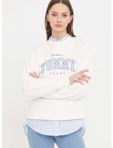 Bavlněná mikina Tommy Jeans dámská, bílá barva, s aplikací