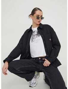 Košilová bunda Tommy Jeans černá barva, oversize, DW0DW17522