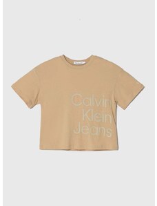 Dětské bavlněné tričko Calvin Klein Jeans béžová barva