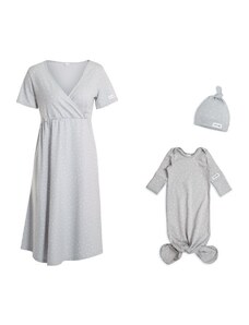 Moniel souprava do porodnice košilka + body s čepičkou pro miminko Dots šedá