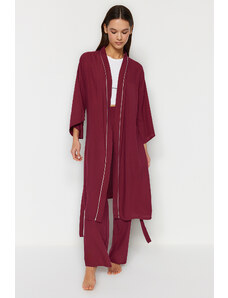 Trendyol Damson 2-Piece Viscose Tie Dressing Gown-Pajama Bottom Woven Pajamas Set