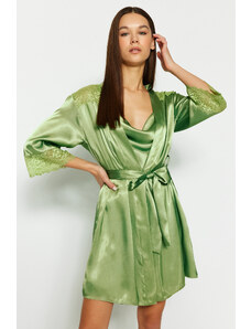 Trendyol Green Belted Lace Detailed Satin Woven Dressing Gown