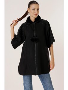 By Saygı límec chlupatá bambule detailní kapsa a rukávy korálkový přední zip dovážený skrýš pončo kabát