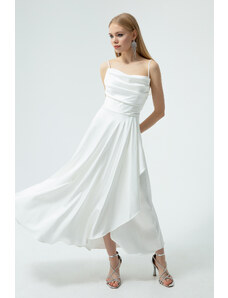 Lafaba Women's White Satin Midi Length Evening Dress &; Prom Dress with Ruffles and a Slit.