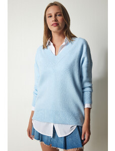 Happiness İstanbul Dámský nebesky modrý oversize pletený svetr s výstřihem do V