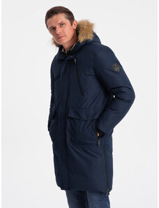 Ombre Clothing Pánská zimní bunda Alaskan s odnímatelnou kožešinou z kapuce - tmavě modrá V1 OM-JALJ-0148