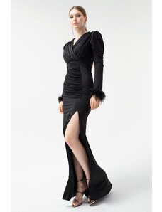 Lafaba Women's Black Double Breasted Neck Sleeves Feather Slit Evening Dress