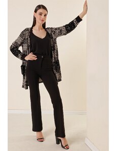 By Saygı Pletené krepové patchworkové kalhoty Palazzo s vysokým pasem černé