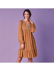 Blancheporte Jednobarevné šaty s výšivkou, folkový styl hořčicová 50