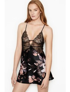 Victoria's Secret Dámská saténová košilka Victoria´s Secret - černá s květy