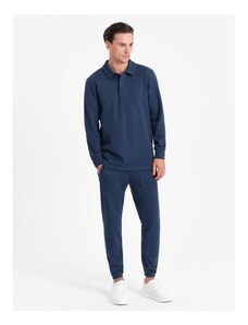 Ombre Clothing Pánská tepláková souprava mikina s polo límcem + kalhoty tmavě modrá