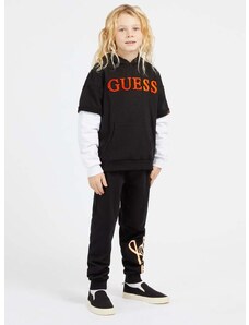 Dětská bavlněná mikina Guess černá barva, s kapucí, vzorovaná